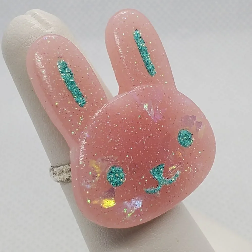 Pink & Blue Sparkly Bunny Head Adjustable Ring